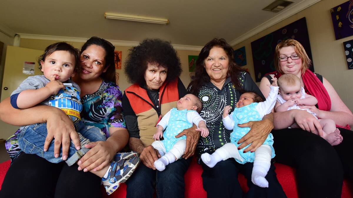 CHECK-UP: Nannas, mums and bubs at the health check day, from left, Megan Naden with Nayte Slater, Pearl Slater with Jameilah Slater, Rona Slater with Taylanah Slater and Alysha Bryant with Aurora Parker. Photo: Gareth Gardner 150915GGE05