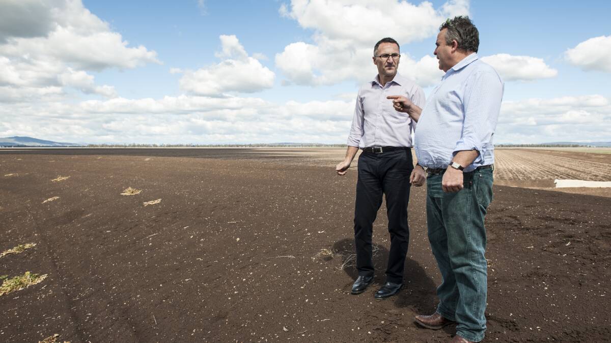 NO ILLUSIONS: Richard Di Natale toured the Liverpool Plains with Tim Duddy along with Greens MLC Jeremy Buckingham yesterday.