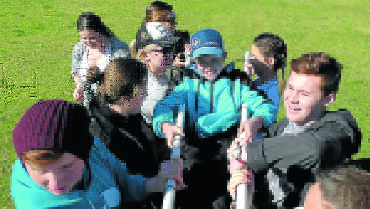 TEAMWORK: Group dynamics at work, from left, Moree High students Sean Bryant, Kaitlin Storey and Tabitha Schultz, Coonabarabran High’s Tori Dundas, Ashleigh Campbell from Inverell High, Warialda High students Hunter Rose and Jessica Hall, with Aaron Denovan from Macintyre High.