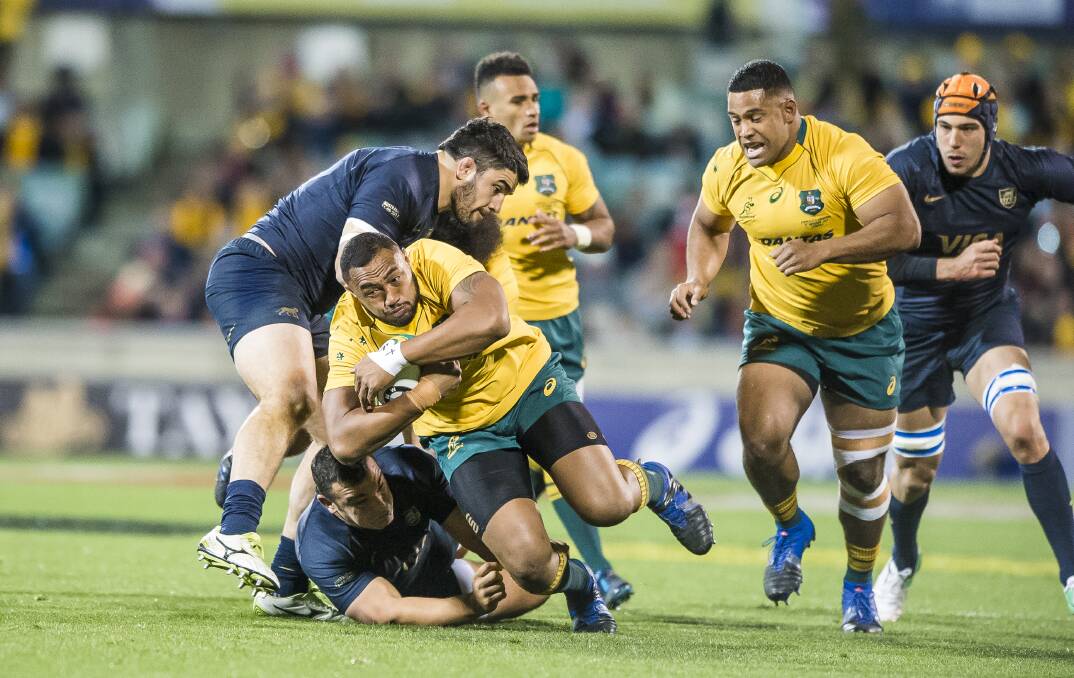 Wallabies prop Sekope Kepu makes a bustling run during the Rugby Championship's fourth round clash between Australia and Argentina at Canberra Stadium. Picture: Sitthixay Ditthavong