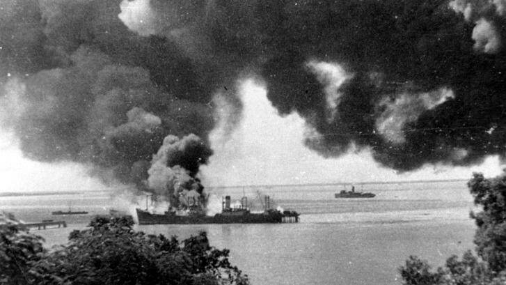 The SS Barossa burns after being bombed by the Japanese. Picture: Fairfax Media