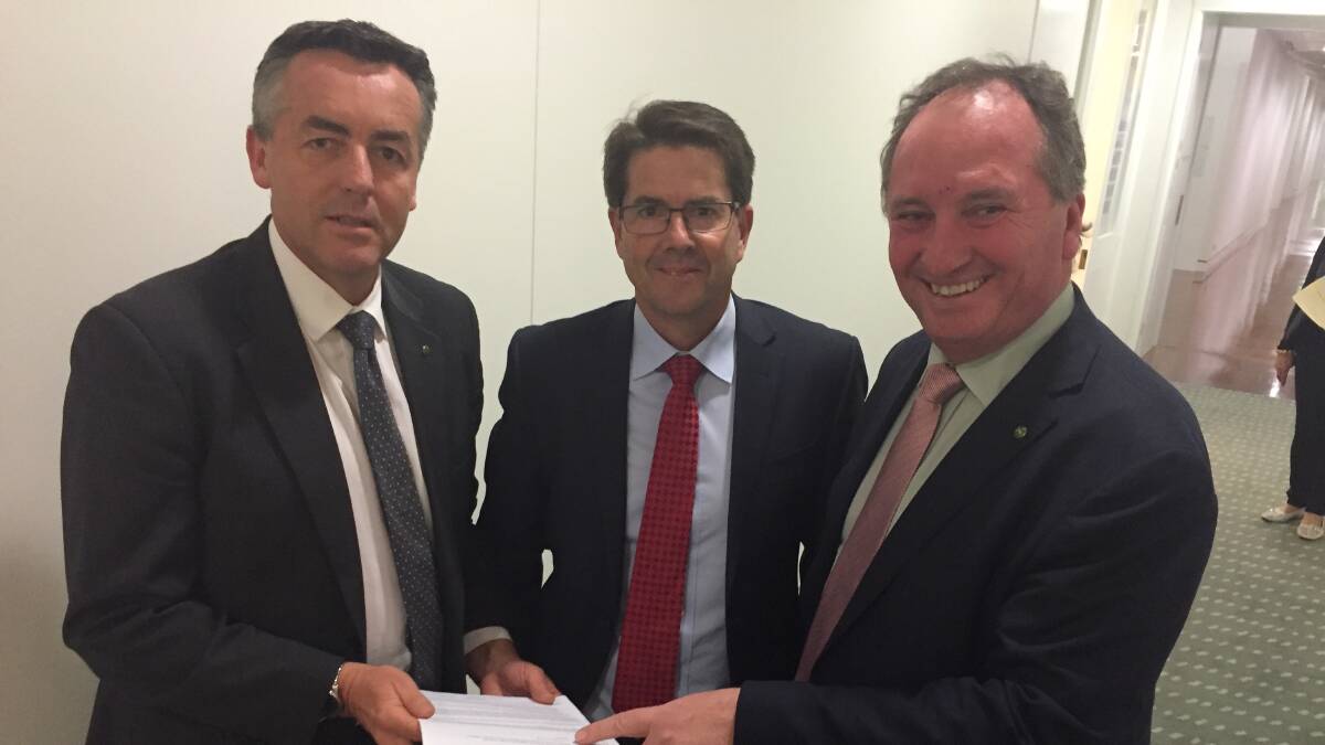 IN TALKS: Federal transport minister Darren Chester with Tamworth MP Kevin Anderson and New England MP Barnaby Joyce.