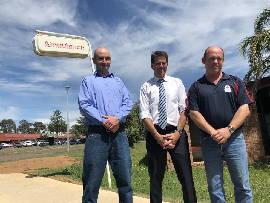 CONCERNS: APA Delegates Jamie Curll and Scott Clarke with Kevin Anderson outside Tamworth South Ambulance Station. Photo: Haley Craig 