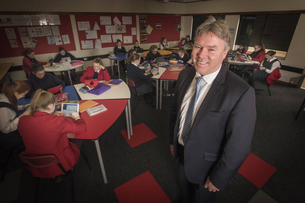 FUTURE: Calrossy Anglican School principal David Smith and his students will take on the online NAPLAN trial tests in September. Photo: Peter Hardin 