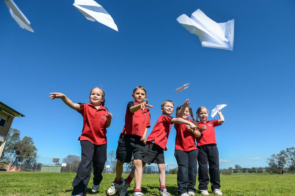 SCIENCE WEEK: Carinya Christian School students Lily Dean, Toby Spykstra, Noah Steel, Laylah Cross and Taylise Goddard with their paper planes this week. Photo:Peter Hardin 160816PHC38