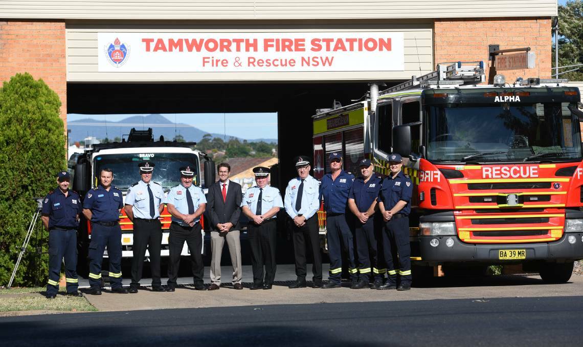 Senior firefighters with Tamworth MP Kevin Anderson at the April announcement of the station roster changes. Photo: Gareth Gardner