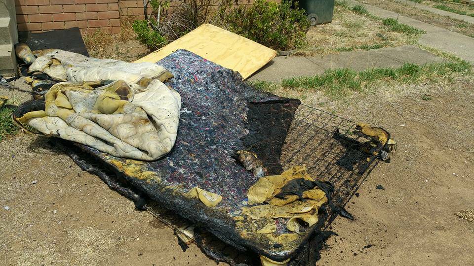 DAMAGED: A mattress inside was damaged by the Sunday afternoon fire. Photos: West Tamworth 508 Station 