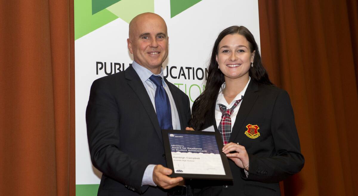 STUDIOUS: Ashleigh Campbell from Inverell High School with education minister Adrian Piccoli at a ceremony in Parliament House.