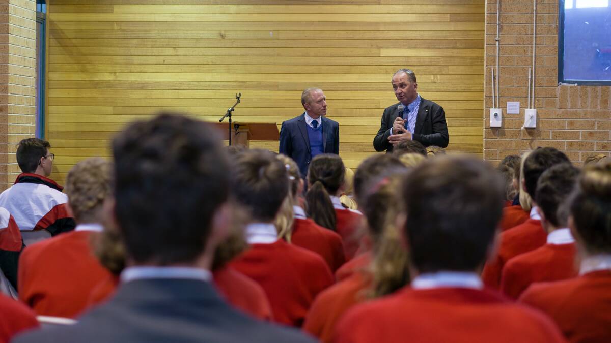 SCHOOL VISIT: Barnaby Joyce, pictured with Carinya principal David Jones, took time out to speak to students on Friday. Photo: Supplied.