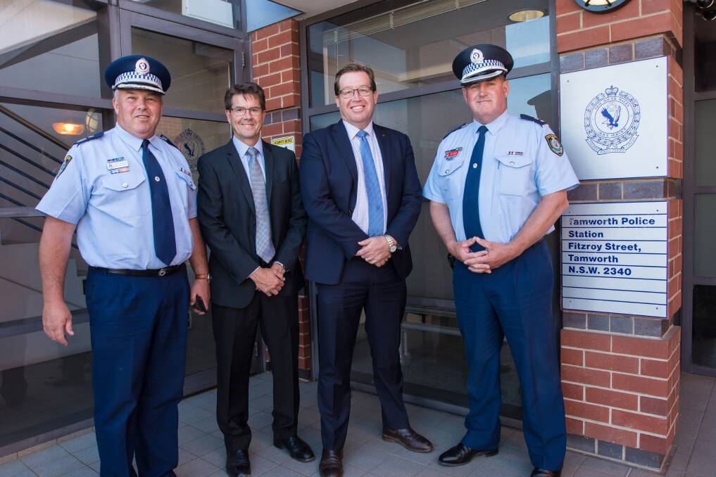 ANNOUNCEMENT: Deputy Commissioner Gary Worboys, Tamworth MP Kevin Anderson, Police Minister Troy Grant and Acting Superintendent Jeff Budd. Photo: Peter Hardin 