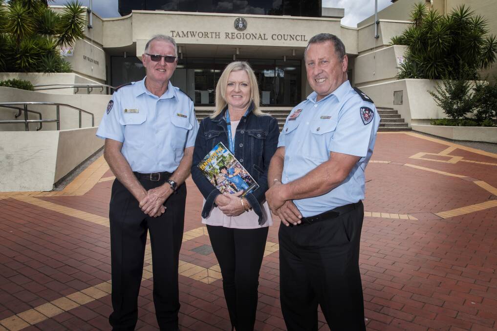 MISSION: Fire fighter Robert Eckersley, Council's Kate Baker and zone Superintendent Tom Cooper in Tamworth this week. Photo: Peter Hardin 
