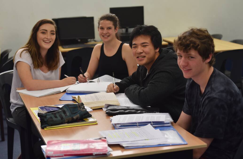 STUDYING HARD: McCarthy students Amber Fisher, Lauren Clark, James Lu and Harrison Diss get ready for their HSC exams. 101016GGA01