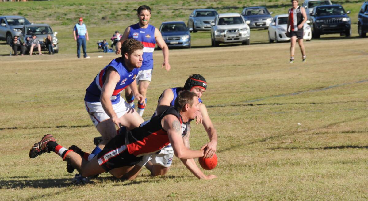 TIGHT TUSSLE: The Gunnedah Bulldogs AFC and Inverell Saints vie for possession in Saturday's do-or-die final at the Inverell Sporting Complex. The visitors won by 11 points.