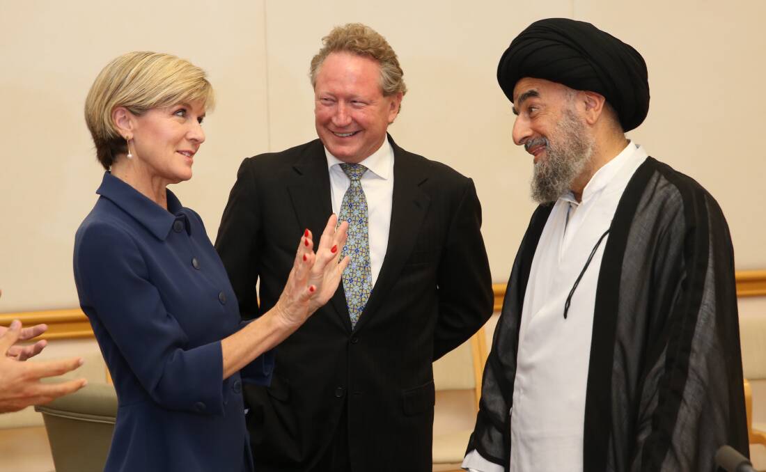 Money for change: Julie Bishop meets with Ayatollah Sayyid Mohammad Taqi al-Modarresi from Iraq and anti-slavery philanthropist Andrew Forrest.  
