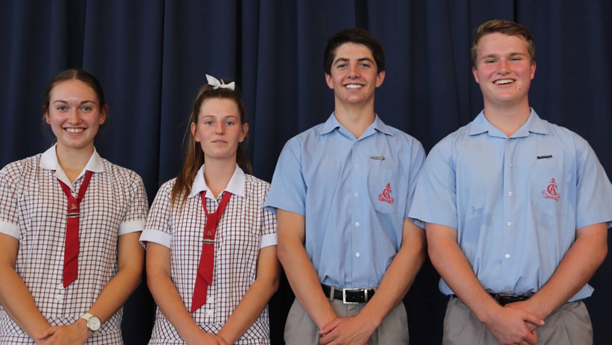 Calrossy’s 2017 Secondary Girls and Boys captains, from left, Vice Captain Sarah Nash, Captain Naomi Cant, Captain Angus Wolfgang and Tom Hinchcliffe (Vice Captain).