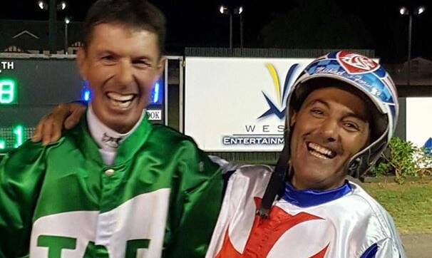 Winners are grinners: Mark Callaghan and Michael Formosa after the win of Magoogan in the Prydes Golden Guitar Final.