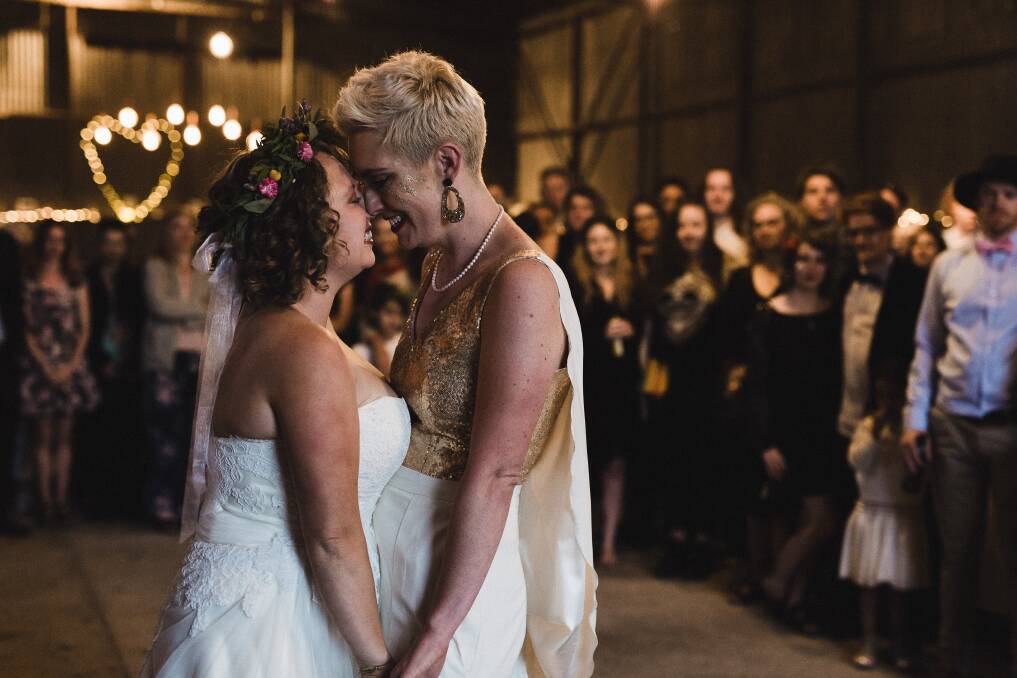 TOGETHER AT LAST: Kirsty and Kelly Albion hosted one of the first same-sex marriages in Australia at Boat Harbour last week. Picture: Supplied / Fern and Stone Photography