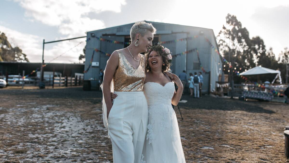 Kelly and Kirsty Albion at their wedding venue. Picture: Supplied / Fern and Stone Photography