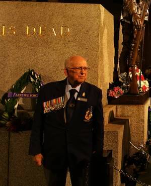 (L TO R) Chief Centotaph attendant Wal Scott-Smith 90 announced as one of 3 ANZAC's nationwide, with Ron Webb 65 who served in Vietnam, and Kel Ratcliff 75 who served in Malaya, before the start of the 99th ANZAC dawn service at the Martin Place war memorial, Sydney. 25th April, 2013. Photo: Kate Geraghty Photo: Kate Geraghty KLG