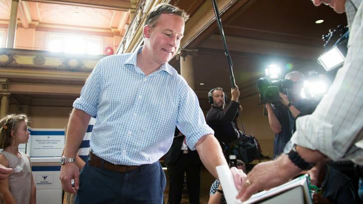 Liberal leader Will Hodgman voting in the Tasmanian State election at Hobart City Hall on Saturday. Photo: Peter Mathew