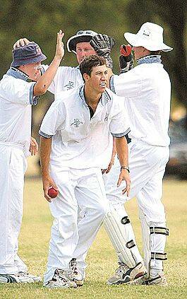 Ultimate challenge: Manilla’s Brock Hawley celebrates a wicket with Imperials teammates, from left, Jake Hawkins and Richard Ingram and Attunga keeper Abel Carney in Sunday’s North West Cup Final in Tamworth. Today Hawley, Ingram and possibly Hawkins tackle the NSW Speedblitz Blues at North Sydney Oval. Photo: Barry Smith