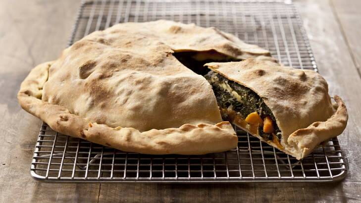 Sweet potato and Swiss chard pie with olive oil pastry.
