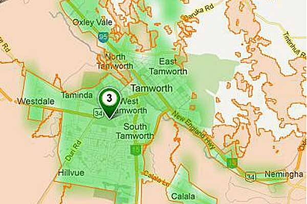 STRONGER, FASTER ... The Tamworth rollout – the green indicates the areas expected to be covered by fibre, while the orange shows where work has begun on the fixed wireless service.