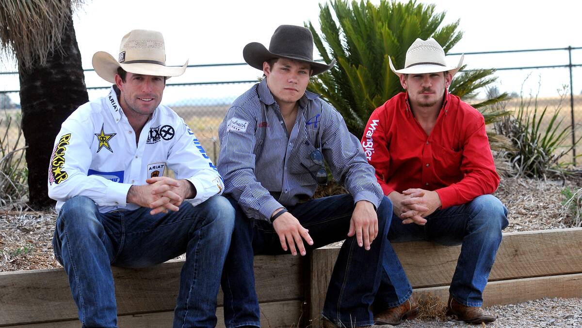 PBR contenders (from left) Sean Willingham, Jory Markiss and Chase Outlaw are ready to show off their bullriding talents tonight.  Photo: Geoff O’Neill 231112GOD01