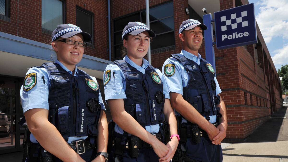 NEW RECRUITS: From left, probationary constables Jamie-Lee Higham, Chloe O’Grady and Daniel Rankin outside Tamworth Police Station on their first day on the job. Photo: Barry Smith 171212BSD03