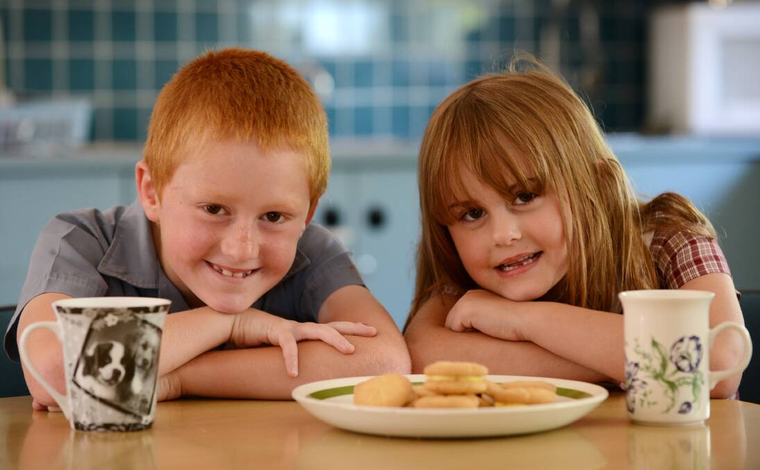 CARING KIDS: Siblings Cameron, 8, and Emily Rake, 6, felt so moved by the plight of bag snatch victim Ursula Bakker, they used their own pocket money to buy the 79-year-old a tin of her favourite biscuits. Photo: Barry Smith 181213BSE02