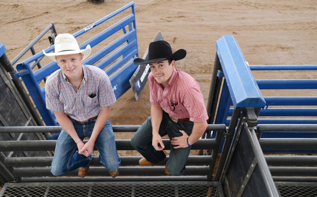 Canadian Brock Radford and American Matt Triplet can’t wait to get on a bull at the last event in the Australian series at the AELEC tonight. 
Photo: Barry Smith 211114BSD03