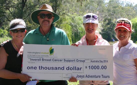 $1000 was raised by the Joeys Adventure Tours for the Inverell Breast Cancer Support Group on Australia Day. Receiving the cheque were (from left) Debbie Hooker, Mat Flitcroft, Alannah Wood and Shirley Horwood on behalf of the group.