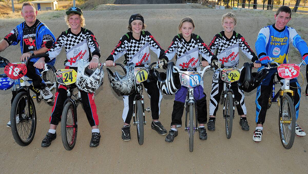 Tamworth BMX riders (from left) Mark Stones, Corey Whitbread, Lincoln Williams, Brooklyn Williams, Jack Davis and Dan Morris are off to the nationals. Photo: Geoff O’Neill 240413GOI01