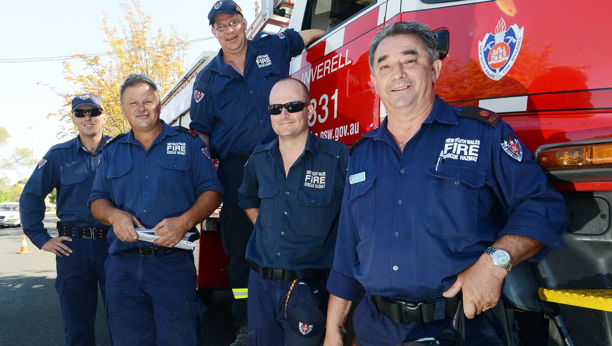 RIGHT – BLUE MOUNTAINS BOUND: Aboard the Inverell tanker headed for the  disaster zone were, from left, Matt Newberry, Eddie Cox and Phil Pearce,  Brendan Simpson, and  Vincent Davy. Photo: Gareth Gardner  221013GGA01
