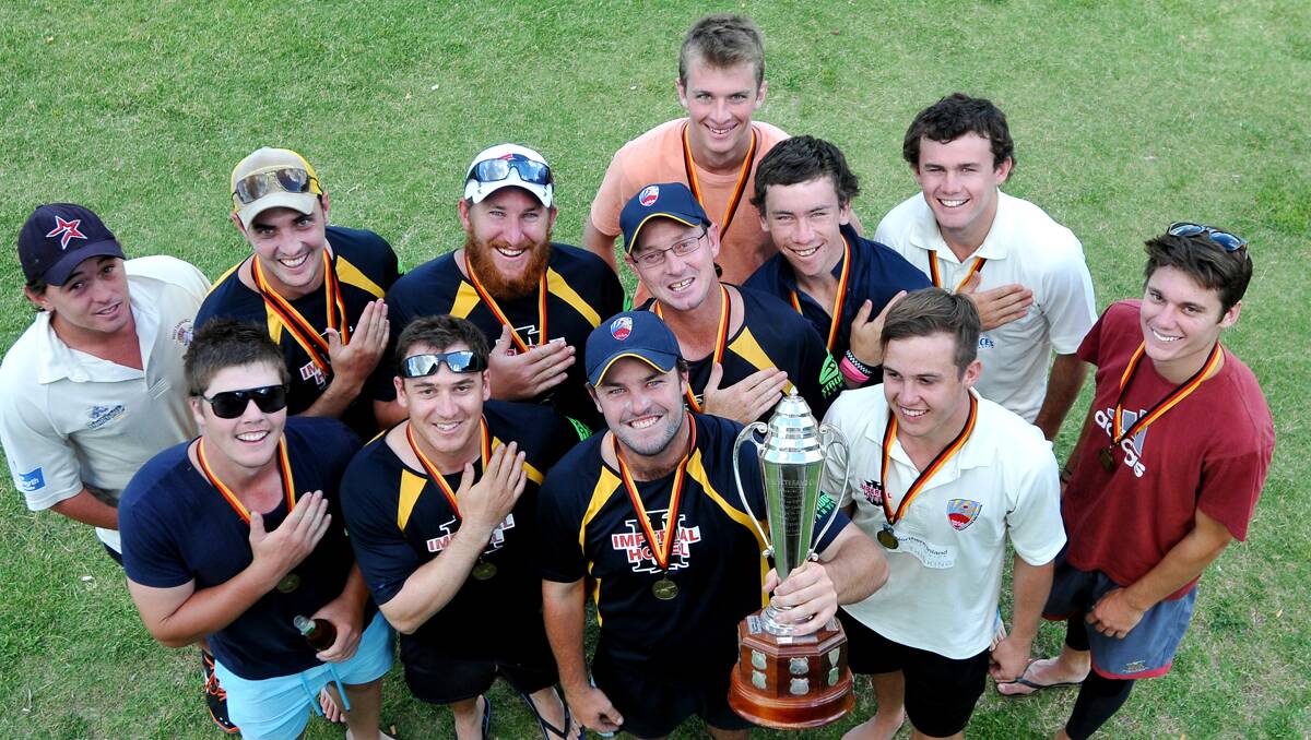 Tamworth skipper Tom Groth (centre)  holds out the War Veterans Cup silverware. He’s surrounded by (back)  Jack McVey, (middle from left) Daniel Cunningham, Michael Rixon, Simon Norvill, Adam Lole, Hamish Batley, Angus McNeill, Ben Chew and  (front from left) Nick Pearson, Adam Jones, Groth and  Leo Steyn. Photo: Grant Robertson 170213GRA17