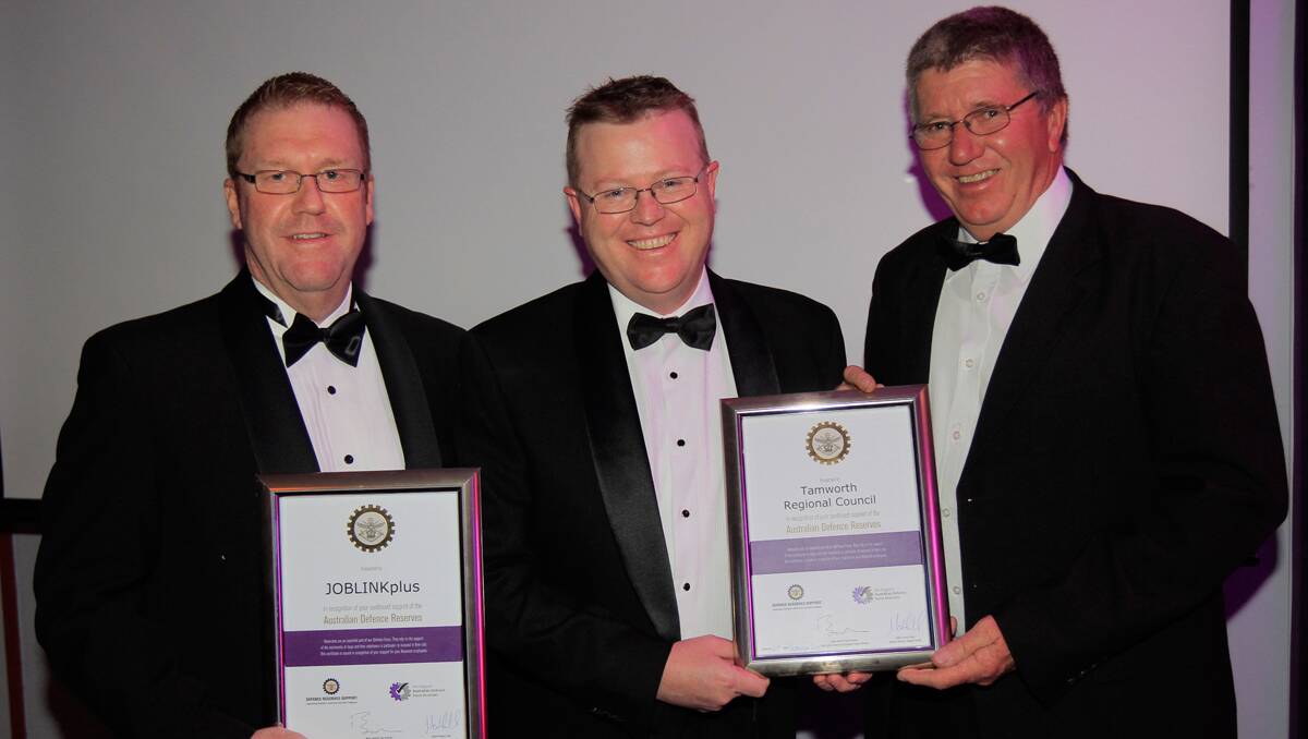 Joblink Plus CEO Chris Sheppeard, TRC GM Paul Bennett and mayor Col Murray at the Quality Business Awards held at TRECC on Friday night. Photo: Robert Chappel