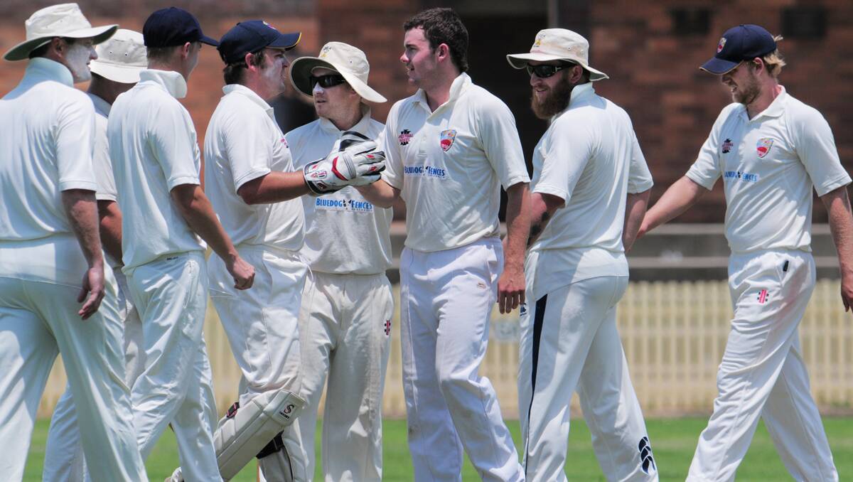 Angus McNeil hails from Muswellbrook but plays his club cricket for South Tamworth and represents Tamworth. On Sunday he heads back to the Hunter to play Singleton in the Coal Board Cup at Scone. Here, McNeil celebrates a wicket for Tamworth in a WVC Cup match ealier this season with (from left) Adam Lole, Kris Halloran, Tom Groth, Adam Jones, Simon Norvill and Mitch Holt. Photo: Barry Smith 021212BSF13
