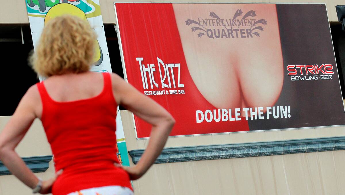A BUSTY Tamworth billboard has been found to exploit women - but the eye boggling truth is a complaint about it to the Advertising Standards Bureau has actually revealed the "boobs" actually belonged to a man. Photo: Robert Chappel