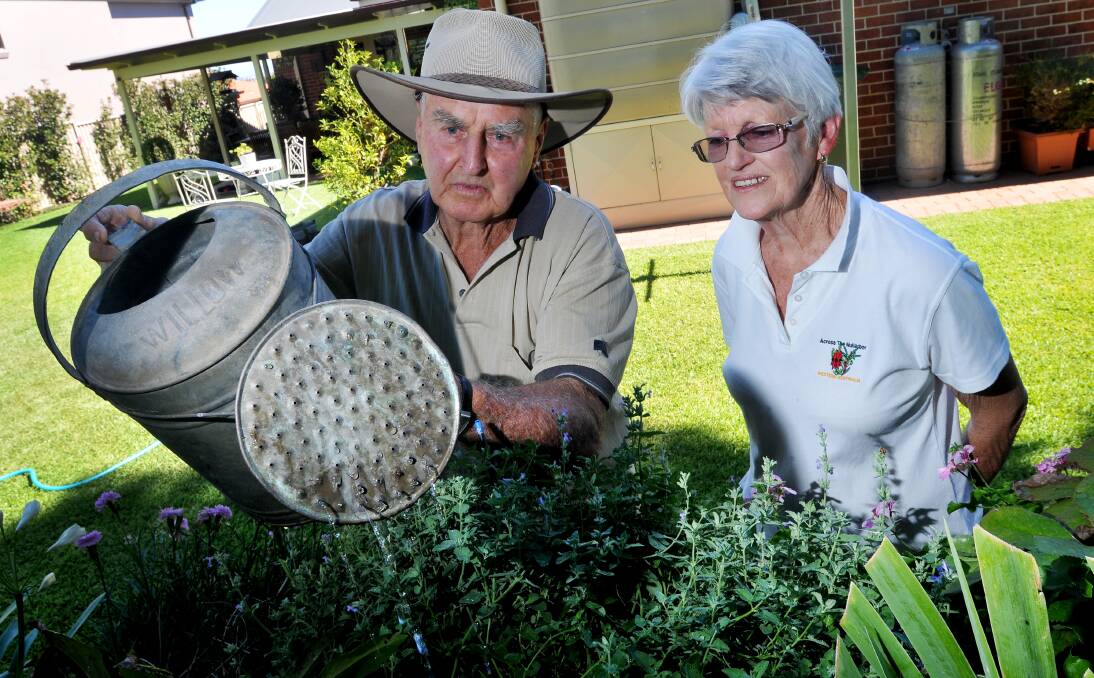 DRY SURVIVORS: Allen and Helen Roworth will put drought plans in place to ensure their gardens have the best chance of surviving new watering limits. Photo: Gareth Gardner 290114GGC01  