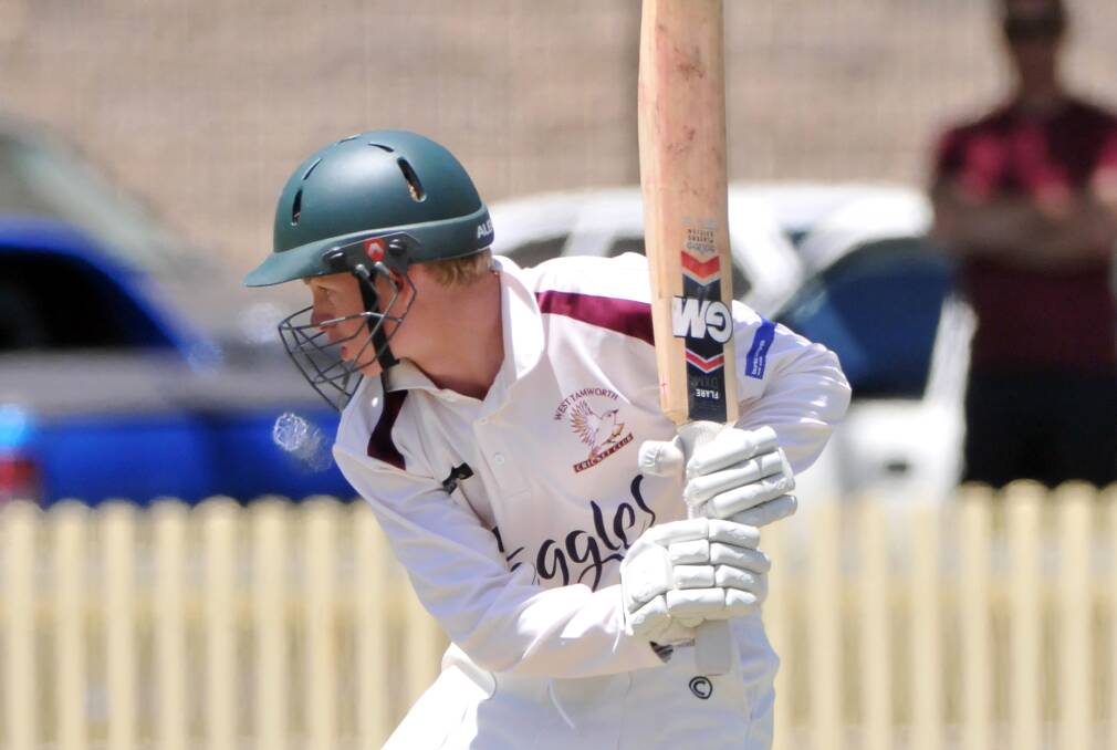 Matt Kent drives on his way to a 93-ball 53 for his West Tamworth side against City United last Saturday. It wasn’t enough though, with City United winning by five wickets.  Photo: Geoff O’Neill 071213GOF04