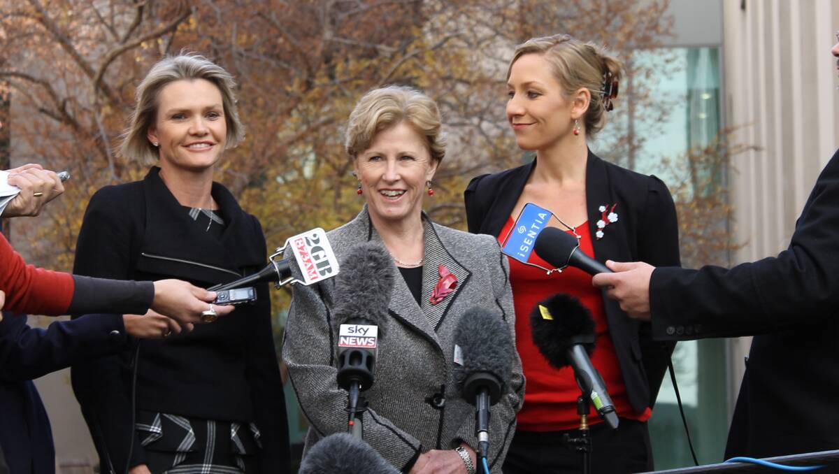 FARMERS FIGHT: From left, Penny Blatchford, Senator Christine Milne and  Senator Larissa Waters in Canberra at a press conference during the week.