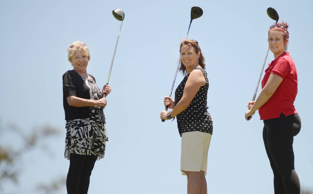 Preparing for a few big swipes at the annual Westpac Rescue Helicopter Services charity golf day in Armidale are (from left) the WRHS Armidale Support Group’s  Pam Wilby, Carolyn Beresford and Kasey Mitchell.  Photo: Armidale Express