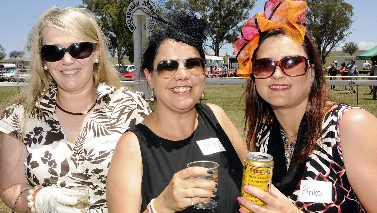 HERE’S CHEERS: Rachel Toohey, left, from Dubbo, Tracy Geddes and Tracy  Mackay, both of Quirindi, were among the big crowd at the running of the  Wallabadah Cup yesterday. Photo: Peter Lorimer