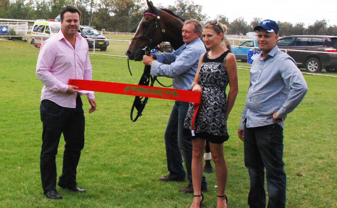 Co-owners Brad Roach and Ann Waters hold the sash, Jim Gleeson has hold of Pippi's Pride and trainer Stephen Gleeson (right) after Saturday's win at Gunnedah. Photo: Geoff Newling 301113JA06