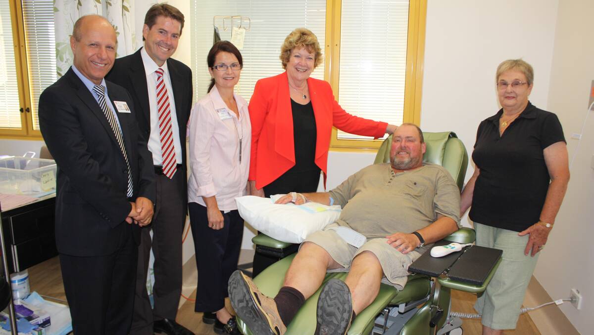 IMPROVED: Nowendoc patient Chris Laurie and his mum Gwen meet with, from left, Hunter New England Health chief executive Michael Di Rienzo, Tamworth MP Kevin Anderson, medical oncology acting nurse unit manager Alison Gill and Health Minister Jillian Skinner.
