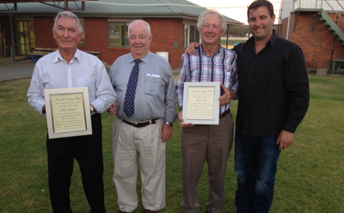John Berger (left) and Leon Fox (second from right) with Inverell Jockey Club life member Brian Baldwin (second from left) and club president Paul McDonald (right).