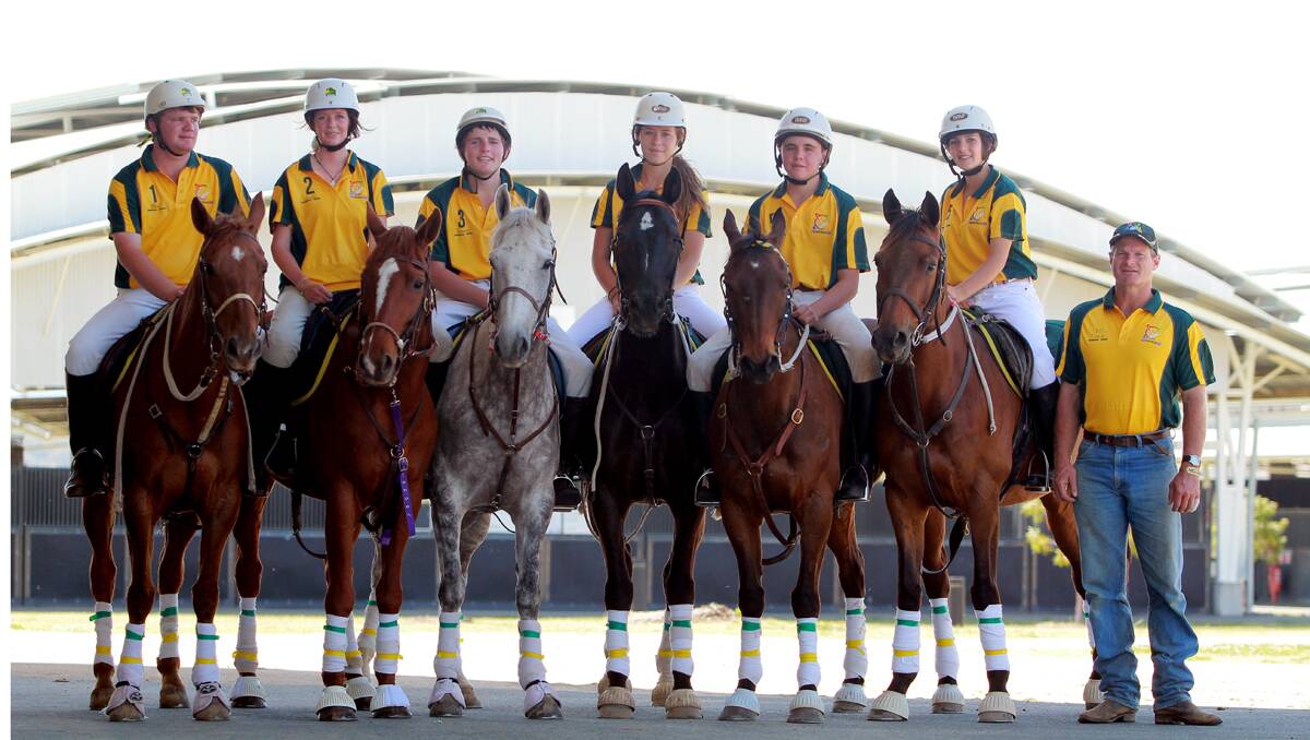 Australian horseball junior team (from left) Ben Collett, Megan Reid, Sam Collett, Marlee Palmer, Travis Dixon, Ellen Anderson, Victor Collett (coach). Photo: Robert Chappel 201012RCB17