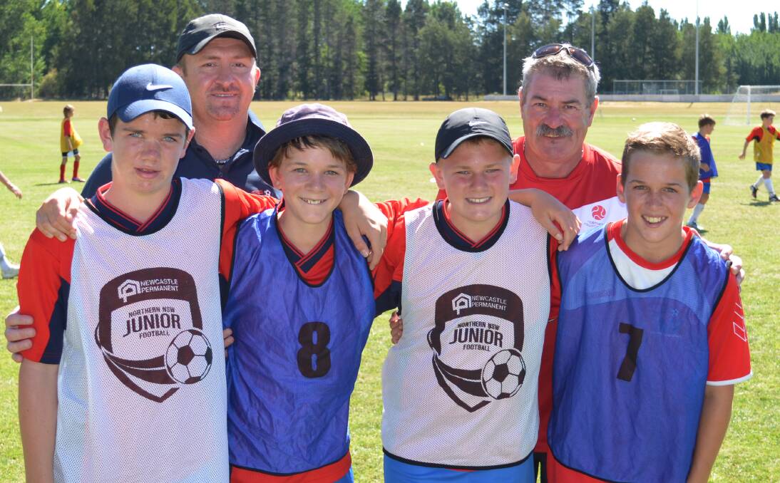 Northern Inland coach Matt Endemi (back left) and NNSW Technical Director Dave Smith with NI players (from left)  Lachlan Harris, Tao Grieves, Toby Martin and Joe Doherty at the camp in Armidale on Saturday. Photo: Christopher Bath 190114GJA06