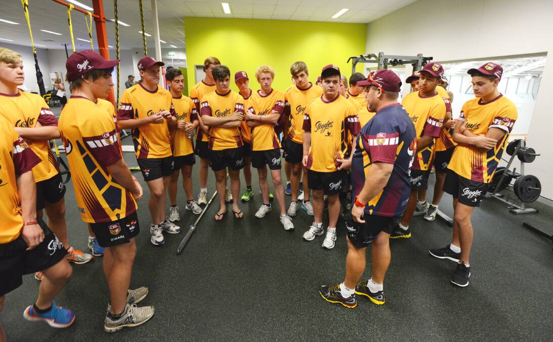 New Inverell Hawks coach Peter Stevens makes a point to some of the young GNA squad members at the November induction.  Photo: Barry Smith 021113 BSE01