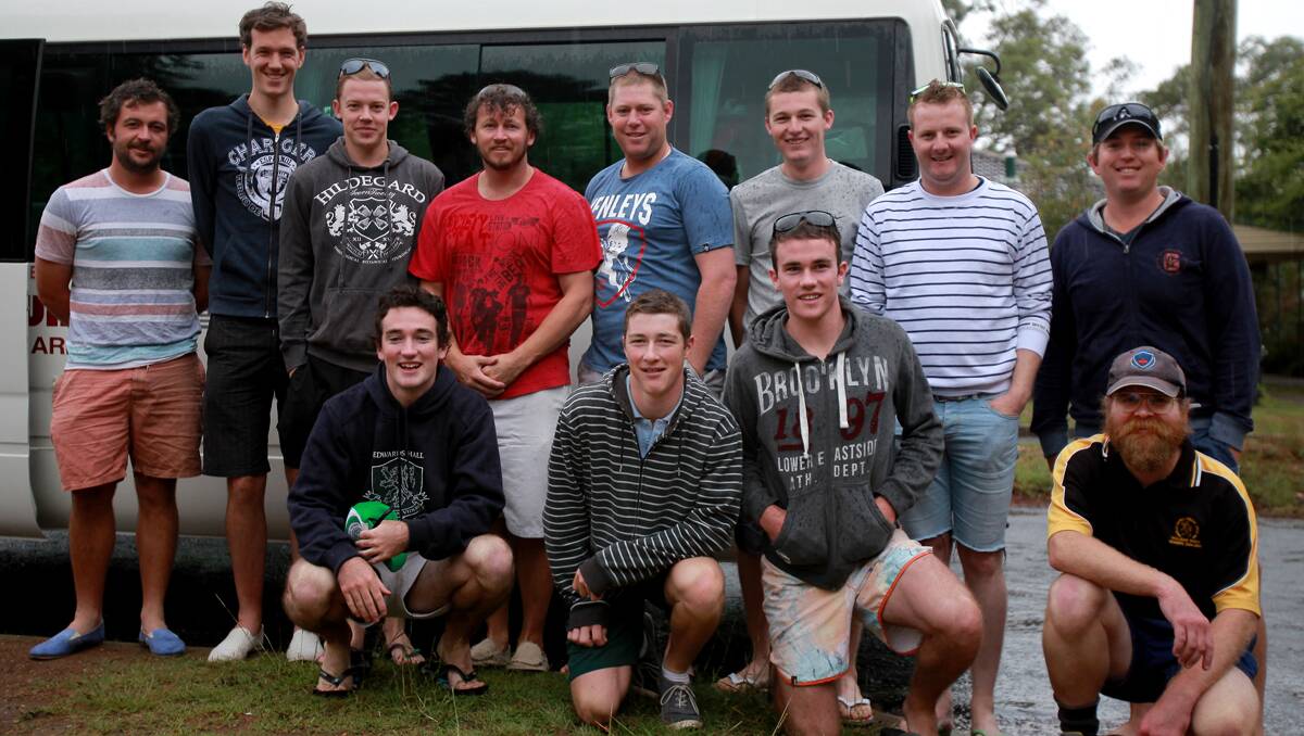 Armidale’s Country Shield finals team (back from left) Henry Cupitt, Luke Brown, Dean Moore, Brad King (manager), Adam O’Sullivan, Sam Uphill, Stephen Butler, Andrew Brownlie, (front from left) Alex Frost, Michael Dawson, Will Frost, Chris Hokin (scorer), (absent) Brad Smith and Karl Triebe were on the way to Cowra yesteray. Photo:  Grant Robertson 281212GRA01